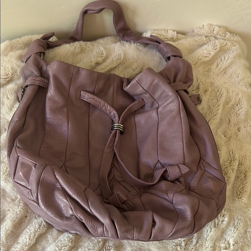 Elliott Lucca Plum Leather Hobo/Bucket Bag with Ruched Detailing NWOT